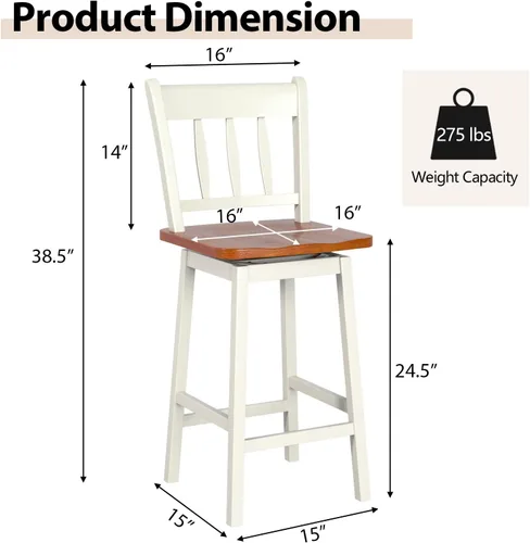 Miniatura 3 de COSTWAY Juego de 4 taburetes de bar de 24.5 pulgadas, sillas de bar de madera de goma con giro de 360°, reposapiés, taburetes de bar giratorios