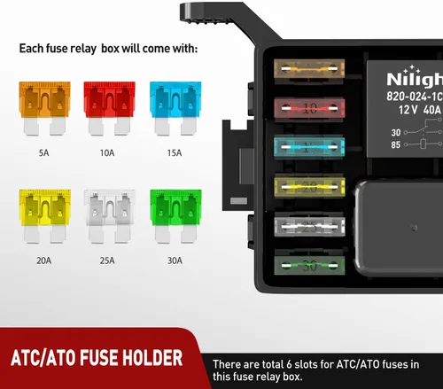 Miniatura 3 de Nilight Caja de relé de fusibles de 12 V, 6 relés, 6 ranuras ATC/ATO, portafusibles de cuchilla ATC/ATO, terminal de 4 pines, 5 pines, relé de 40 A