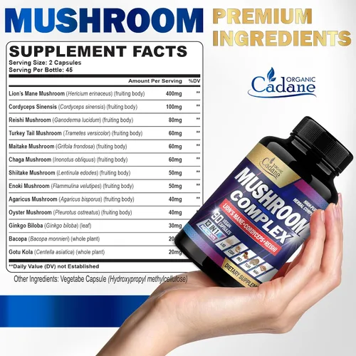 Miniatura 2 de Organic Cadane Suplementos de complejo de hongos – Salud cerebral, sistema inmunológico, memoria y producción de energía – 13 en 1 con hongos melena