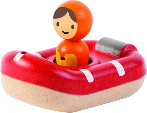 PlanToys® Barco de guardia costero de madera con conductor | Juguete impermeable para baño y agua | Juguete Montessori para juego imaginativo de