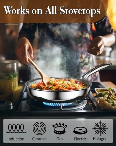 Miniatura 2 de Cook N Home Sartén de acero inoxidable de 10 pulgadas, sartén de acero inoxidable 18/10 con revestimiento de tres capas, sartén de cocina