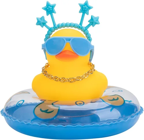 Miniatura 23 de wonuu Adornos de pato de goma para automóvil, decoración de tablero de automóvil con bonita diadema, anillo de natación, collar, gafas de sol