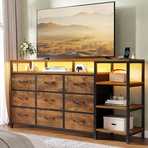 Miniatura 8 de Soporte de TV para 60 Pulgadas, Cómoda con Estación de Carga y Luces LED, 9 Cajones de Tela, Centro de Entretenimiento y Mesa Consola Industrial