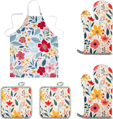 5 Pcs Kitchen Stuff Accessories, Kitchen Oven Mitts and Pot Holders Sets with Cooking Kitchen Aprons for Women,Gifts for Women 5 piezas (2 guantes