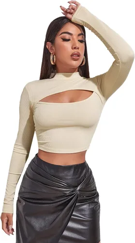 Miniatura 3 de SheIn Camiseta de manga larga para mujer con corte frontal y cuello alto falso básico