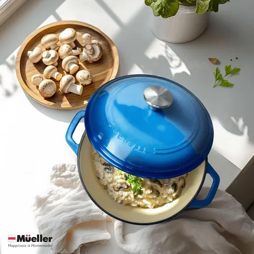 Miniatura 8 de MÜELLERHOME Horno holandés de hierro fundido esmaltado, 6 cuartos de galón, resistente, cazuela con tapa y perilla de acero inoxidable, para todas
