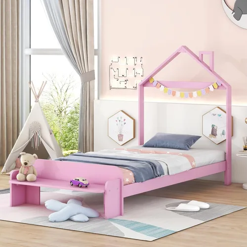 Miniatura 23 de Cama de plataforma de madera de tamaño individual con cabecero y cercas en forma de casa, sin tablillas, cama de piso para dormitorio de niños Verde