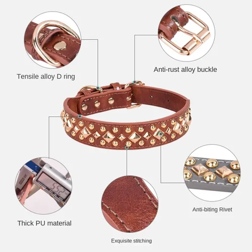 Miniatura 2 de Collar de perro con tachuelas, ajustable de cuero suave para cachorros para perros pequeños y medianos, bulldog pitbull, mastín caniche y boxeador