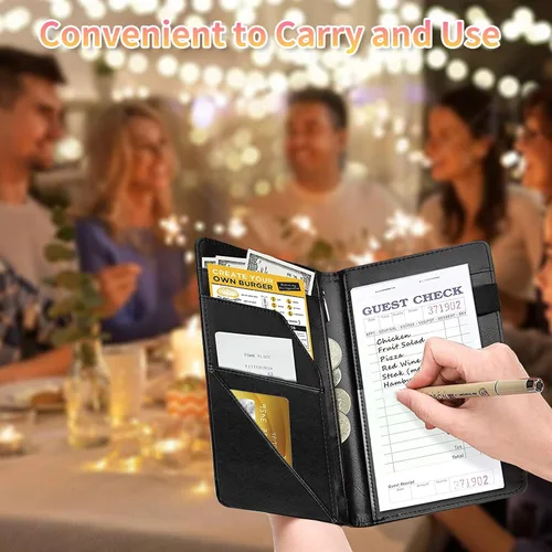 Miniatura 2 de Libreta de pedidos para camarera, cartera de cuero con bolsillo con cremallera oculta, soporte para bolígrafos, lindo organizador para camarera
