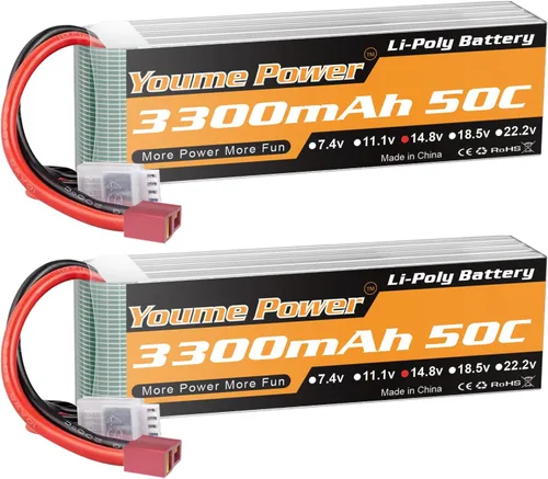 Lipo 4S - Batería Lipo de 14.8 V, 3300 mAh, 50 C con enchufe en T para helicóptero a control remoto, avión, barco, cuadricóptero (2 paquetes)