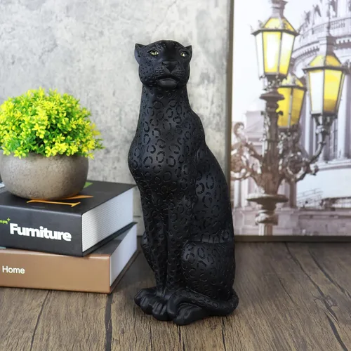 Miniatura 6 de Estatua de guepardo Pantera Negra Estatua de leopardo negro de 11 pulgadas de alto, resina moderna, escultura de animales, decoración de mesa