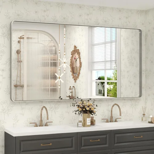 Miniatura 88 de Paquete de 2 espejos de baño con marco de metal negro de 22 x 30 pulgadas, espejo rectangular redondeado negro mate, antioxidante, se cuelga