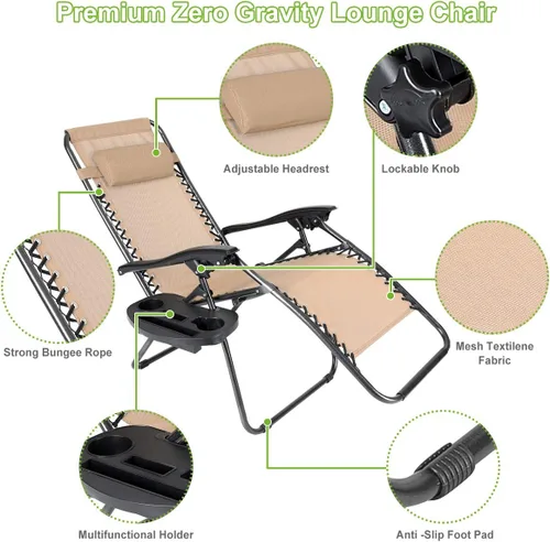 Miniatura 3 de Juego de 4 sillas reclinables de gravedad cero de malla de acero para acampar al aire libre con reposapiés, ajustable, almohada, bandeja, beige