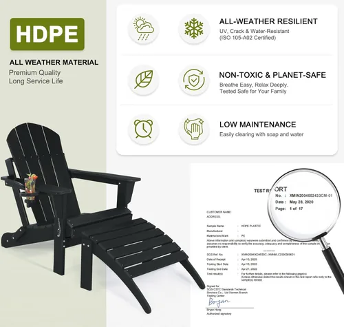 Miniatura 4 de Silla Adirondack plegable con reposapiés, sillas Adirondack de plástico resistentes a la intemperie para exteriores con otomana desmontable, asiento