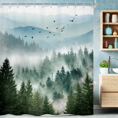 Miniatura 28 de Riyidecor - Cortina de ducha para baño pequeño de montaña, 36 pulgadas de ancho x 72 pulgadas de alto, verde, para RV, temática rústica, naturaleza