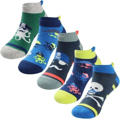 COTTON DAY Calcetines deportivos de corte bajo para niños y niños con suela acolchada y divertido diseño colorido dinosaurio camuflaje pirata
