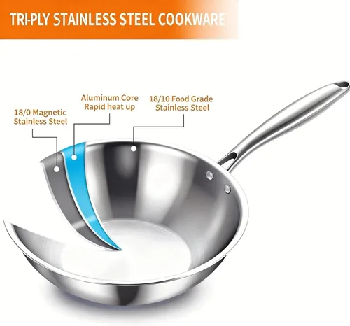 Miniatura 2 de DELARLO Woks y sartenes para saltear, sartén de acero inoxidable de 13 pulgadas con tapa, superficie de cocción grande, sartén wok de acero