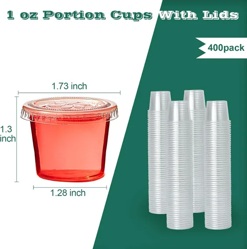 Miniatura 5 de Lilymicky 400 juegos de vasos de plástico desechables de 1 onza con tapas, pequeños recipientes de plástico para condimentos para salsa, vasos