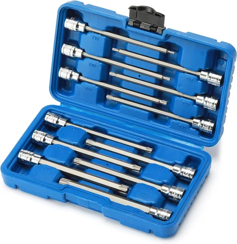 CASOMAN Juego de llaves para vasos hexagonales de 3/8" de transmisión extra largas, juego de 12 piezas de brocas estrella torx, T10 a T60, Longitud: