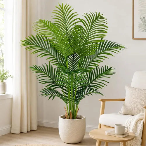 Palmera artificial de 4 pies para interior, palmera paradisiaca tropical falsa en maceta con diseño de corteza real, palmera de areca sintética para