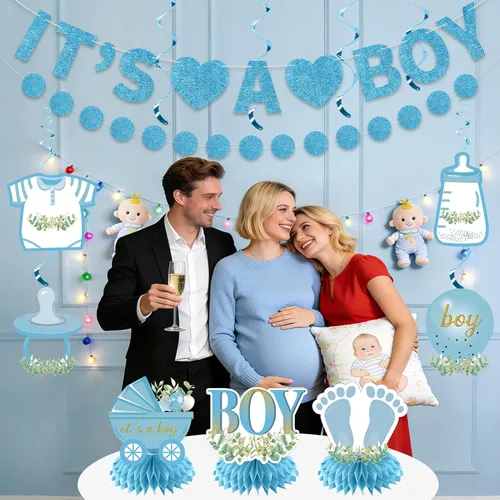 Miniatura 4 de Decoraciones de baby shower para niño, 9 piezas de pancarta de revelación de género de niño con purpurina azul claro, centro de mesa, juego