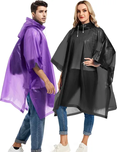 Miniatura 86 de Paquete de 2 ponchos de lluvia para adultos, reutilizables, impermeables, de supervivencia, emergencia, resistente, con capucha con cordón