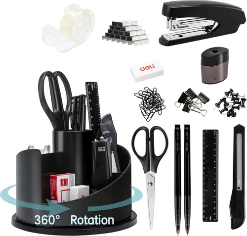 deli Juego de suministros de oficina, 1045 piezas, kit organizador de accesorios de escritorio, juego de grapadoras, soporte giratorio