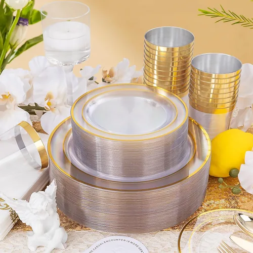 Miniatura 8 de Juego de vajilla dorada de 700 piezas, juego de vajilla desechable transparente para 100 invitados para fiestas, bodas, incluye: 200 platos Dorado