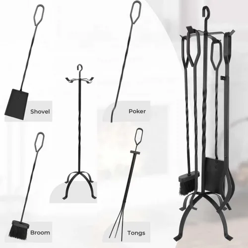 Miniatura 2 de Juego de herramientas para chimenea de 5 piezas, accesorios ligeros de hierro forjado para interiores y exteriores, incluye soporte resistente