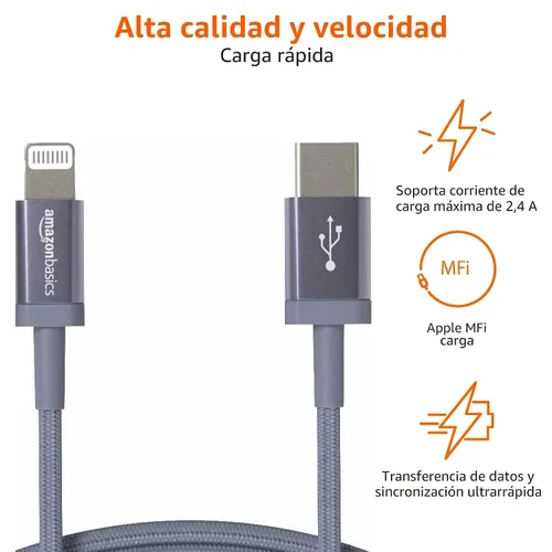 Miniatura 3 de Amazon Basics Cable de carga trenzado de nailon USB-C a Lightning de carga rápida con certificación MFi para iPhone y iPad de Apple, 3 pies, gris