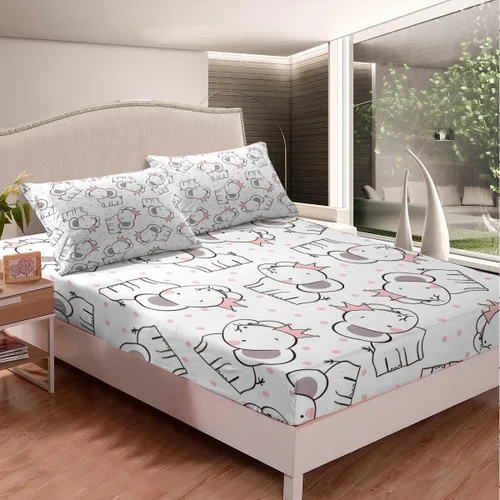 Feelyou Juego de sábanas de elefante para niños, niñas, adolescentes, lindo estampado de elefante, blanco y rosa, juego de ropa de cama de