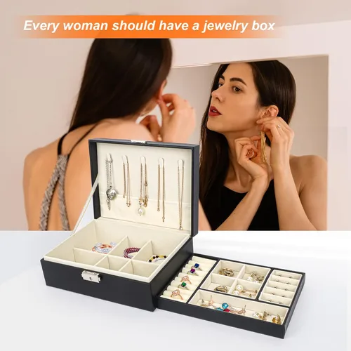 Miniatura 6 de Songaa Organizador de joyas de piel sintética, estuche para joyería para aretes, pulsera, collar y anillos de almacenamiento, caja de almacenamiento