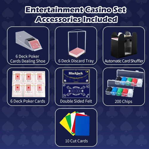 Miniatura 4 de Extguds Juego de póquer de casino, Blackjack/Texas Hold'em/Poker con zapato, bandeja de descarte, barajador automático, 200 fichas, 6 cartas
