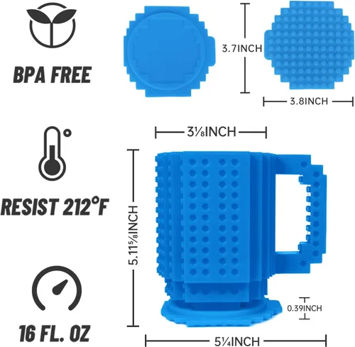 Miniatura 6 de FUBARBAR Taza de café de ladrillo – Divertida taza novedosa con tapa y pajilla, taza de juguete de bloque de construcción, idea de regalo para Azul