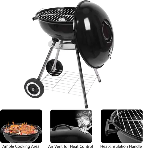 Miniatura 5 de Parrilla de carbón de 18 pulgadas con ruedas para cocinar al aire libre, barbacoa, barbacoa, hervidor de carbón, parrilla portátil, resistente
