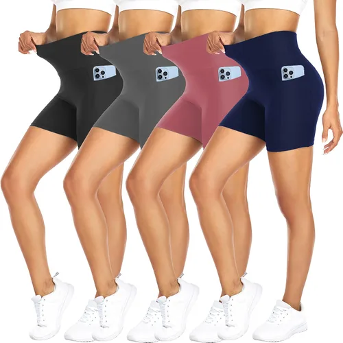 FULLSOFT Paquete de 4 shorts de ciclista para mujeres con bolsillos 5" de talle alto con control abdominal para entrenamiento, yoga, correr,