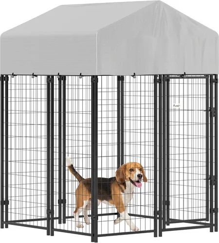 Miniatura 12 de PawHut Jaula de 4' x 4' x 6' para perros al aire libre, Jaula de alambre soldado para perros con rotación de 360° y cuencos ajustables de 4 niveles