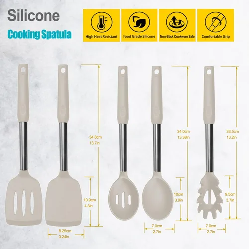 Miniatura 2 de Espátula de silicona y cuchara de cocina, paquete de 5 utensilios de cocina antiadherentes para la cocina, espátulas y cucharas sólidas y ranuradas
