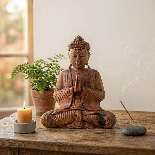 Miniatura 2 de G6 Collection Estatua de Buda de madera serena sentada hecha a mano, escultura meditante, decoración del hogar, acento de madera tallada a mano