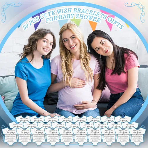 Miniatura 6 de Chuangdi 50 juegos de regalos de baby shower para invitados, lindas pulseras de corazón para tarjetas de deseos para regalos de fiesta de revelación