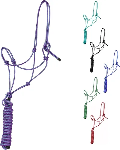 Miniatura 10 de Majestic Ally Cabestro de entrenamiento de poliéster rígido de 1/4 pulgadas con 4 nudos con cuerda de plomo a juego de 10 pies para caballos, Negro