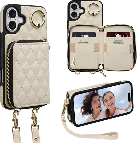 Miniatura 9 de Funda tipo cartera para iPhone 15 de 6.1 pulgadas, bolso cruzado con cremallera y correa para la muñeca con cordón para mujer, tarjetero con bloqueo