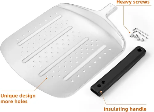 Miniatura 7 de MANJIA Pala perforada de aluminio para pizza de 12 pulgadas, antiadherente, de metal, con cortador basculante (12 x 14 pulgadas), espátula grande