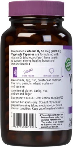 Miniatura 3 de Bluebonnet Nutrición Vitamina D3 2000 UI Cápsulas Vegetales, Ayuda en el Crecimiento Muscular y Esquelético, Colecalciferol de Lanolina, D3, sin