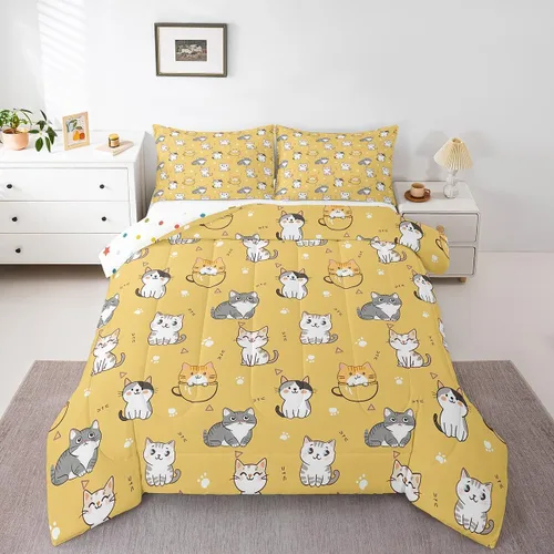 Miniatura 8 de Erosebridal Juego de edredón de tamaño matrimonial con diseño de gatos y gatos, lindo juego de ropa de cama Kawaii para niñas y niños