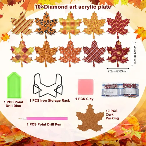 Miniatura 3 de FairySandy Juego de 10 posavasos de pintura de diamantes con tema de hoja de arce de otoño para Acción de Gracias con soporte, kits de posavasos