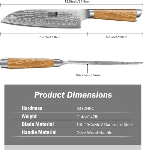 Miniatura 2 de HOSHANHO Cuchillo Santoku de Damasco de 7 pulgadas, cuchillo de cocina profesional japonés de Damasco Super Steel, cuchillo de cocina afilado