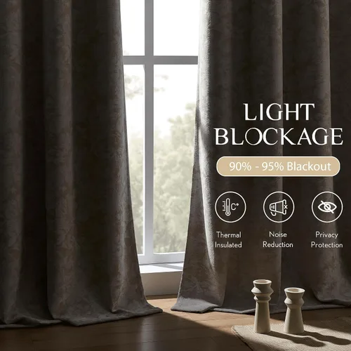 Miniatura 3 de Beauoop - Cortinas opacas beige con diseño floral jacquard, 2 paneles, para dormitorio/sala, de felpilla, gris pardo, aislantes y a prueba de ruido