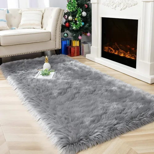 Miniatura 12 de Noahas Alfombra de piel sintética, alfombras esponjosas de lujo para dormitorio, alfombras lavables de 2 x 3 pies, alfombra de piel de oveja