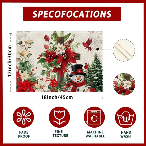 Miniatura 5 de XCHI Juego de 4 manteles individuales de mesa de Navidad con diseño de muñeco de nieve y poinsettia, manteles de mesa de invierno para decoración